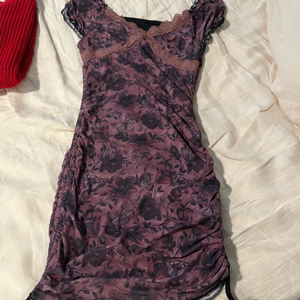 SHEIN Mauve Purple Floral Lace-Trim Mini Dress